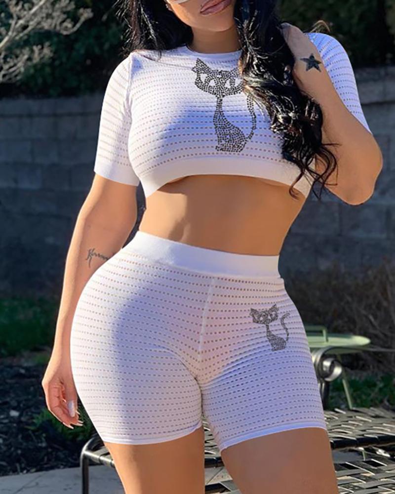 

Studded Short Sleeve Crop Top & High Waist Shorts Set, White