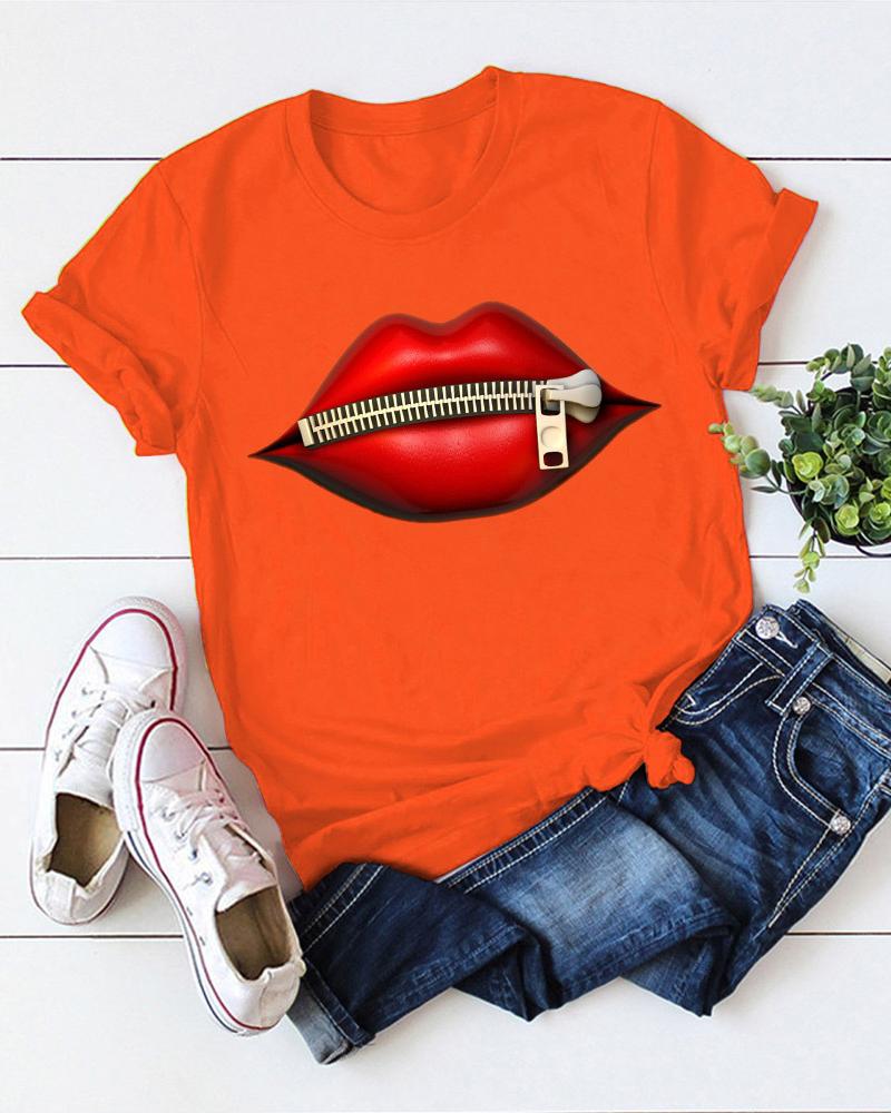 

Zipper Lip Print Short Sleeve T-Shirt, Orange
