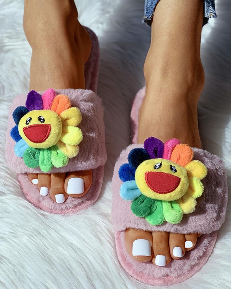 

Sunflower Pattern Fluffy Open Toe Flat Slipper, Pink