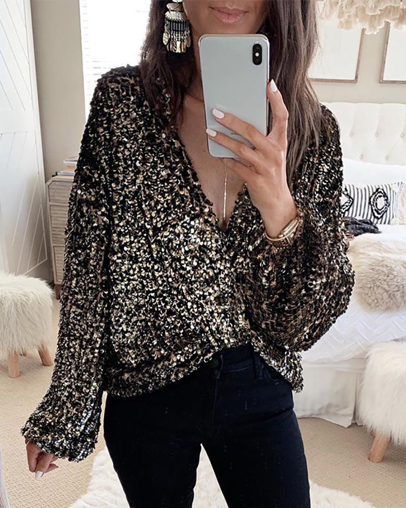 

Lantern Sleeve Sequins V-neck Top, Black