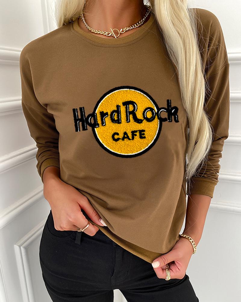 

Letter Print Long Sleeve Blouse, Coffee