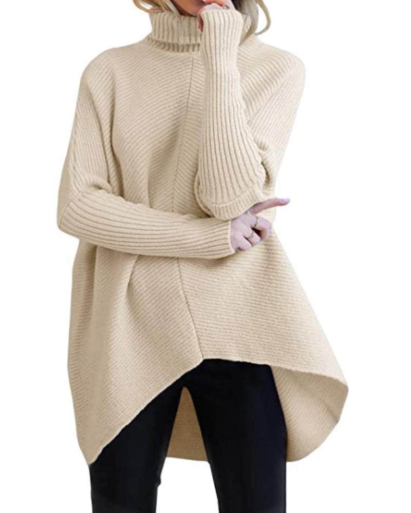 

High Neck Long Sleeve Knit Sweater, Apricot