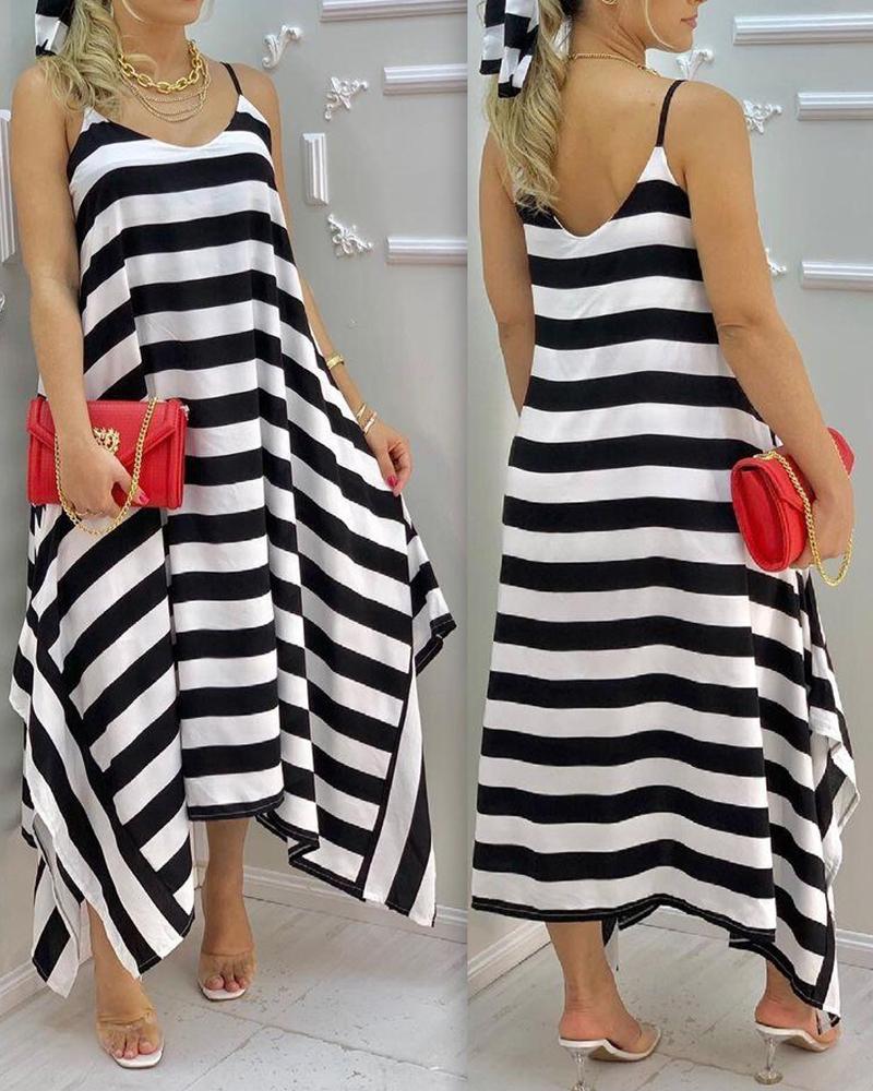 

Color Block Striped Sling Loose Maxi Dress, White