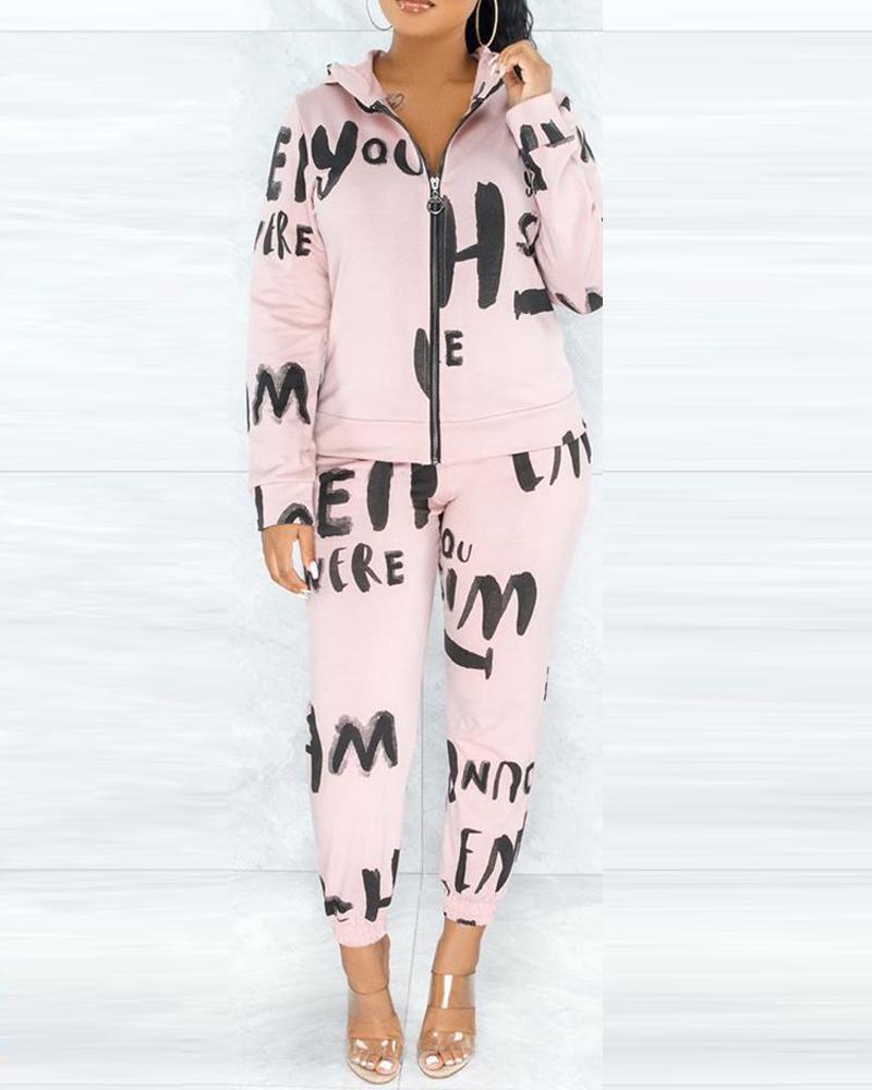 

Letter Print Hooded Zip Up Top & Pants Set, Pink