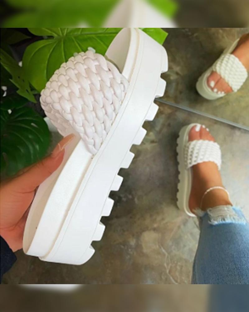 

Solid Woven Upper Platform Slippers, White