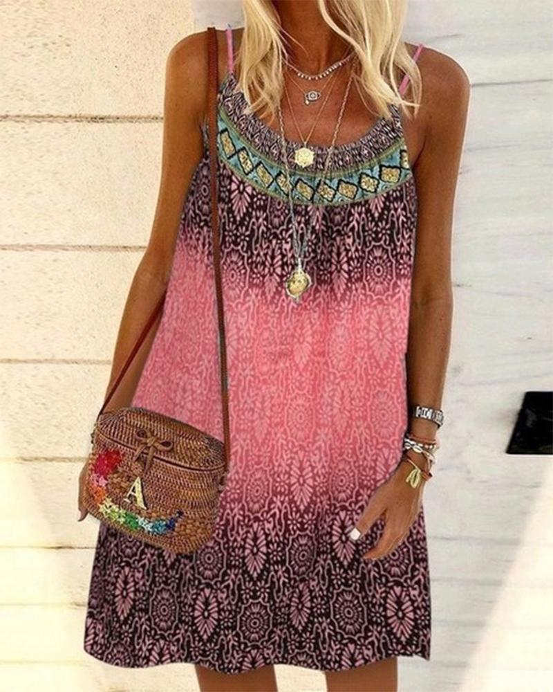 

Vintage Tribal Print Casual Cami Dress, Pink