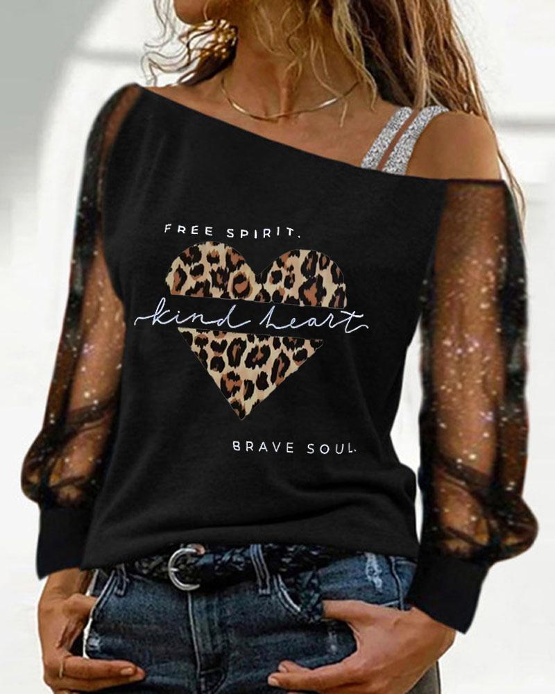 

Valentine' Day Heart Cheetah Print Contrast Mesh Top, Black