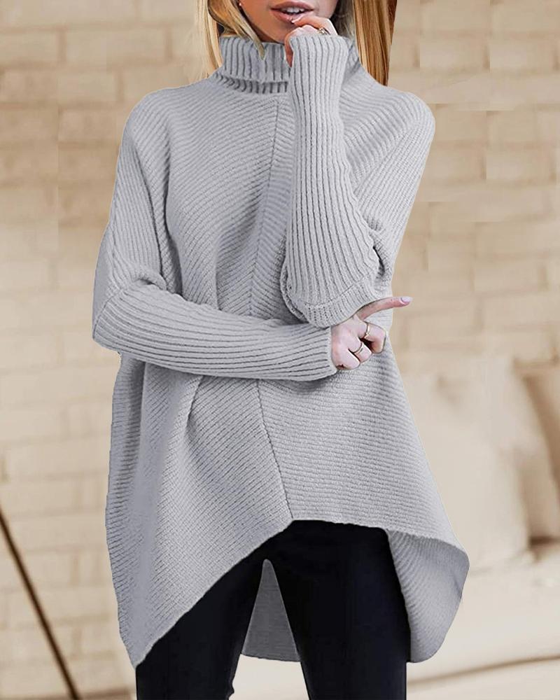 

Batwing Sleeve Turtleneck High Low Hem Sweater, Gray