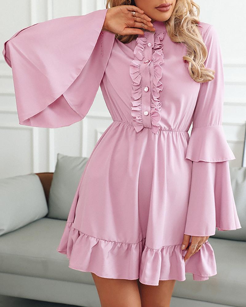 

Buttoned Layered Ruffles Frill Hem Ruched Dress, Light pink