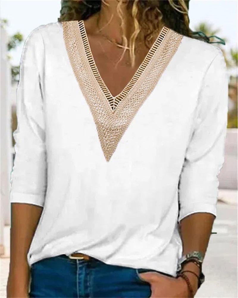 

Contrast Lace V-Neck Long Sleeve Top, White