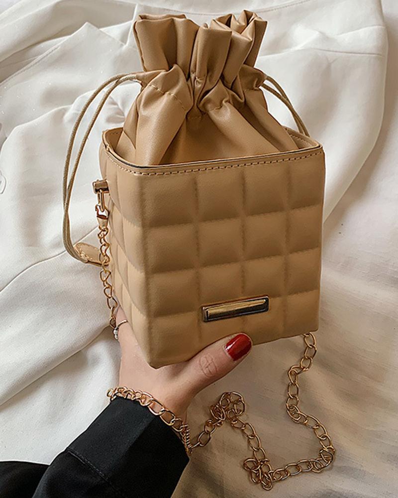 

Quilted Drawstring Bucket Bag, Khaki
