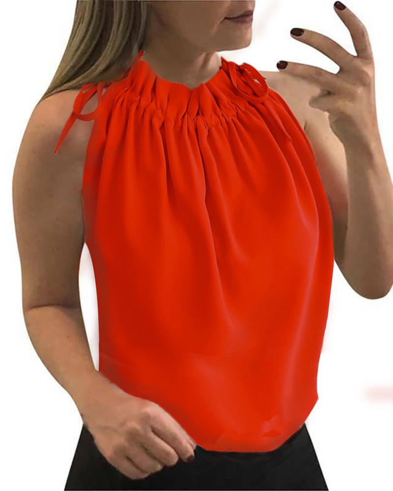 

Solid Ruffles Sleeveless Loose Chiffon Tanks, Red