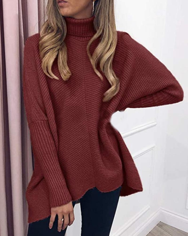 

Batwing Sleeve High Neck Long Sleeve Sweater, Wine red