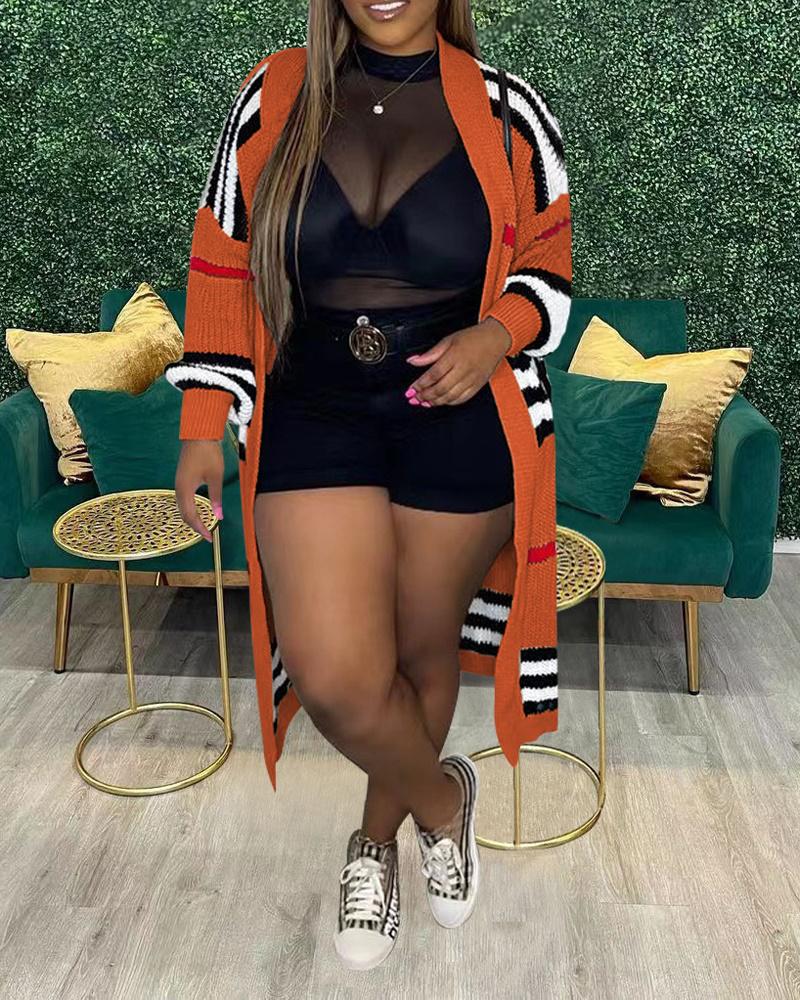 

Striped Open Front Chunky Knit Longline Cardigan, Orange