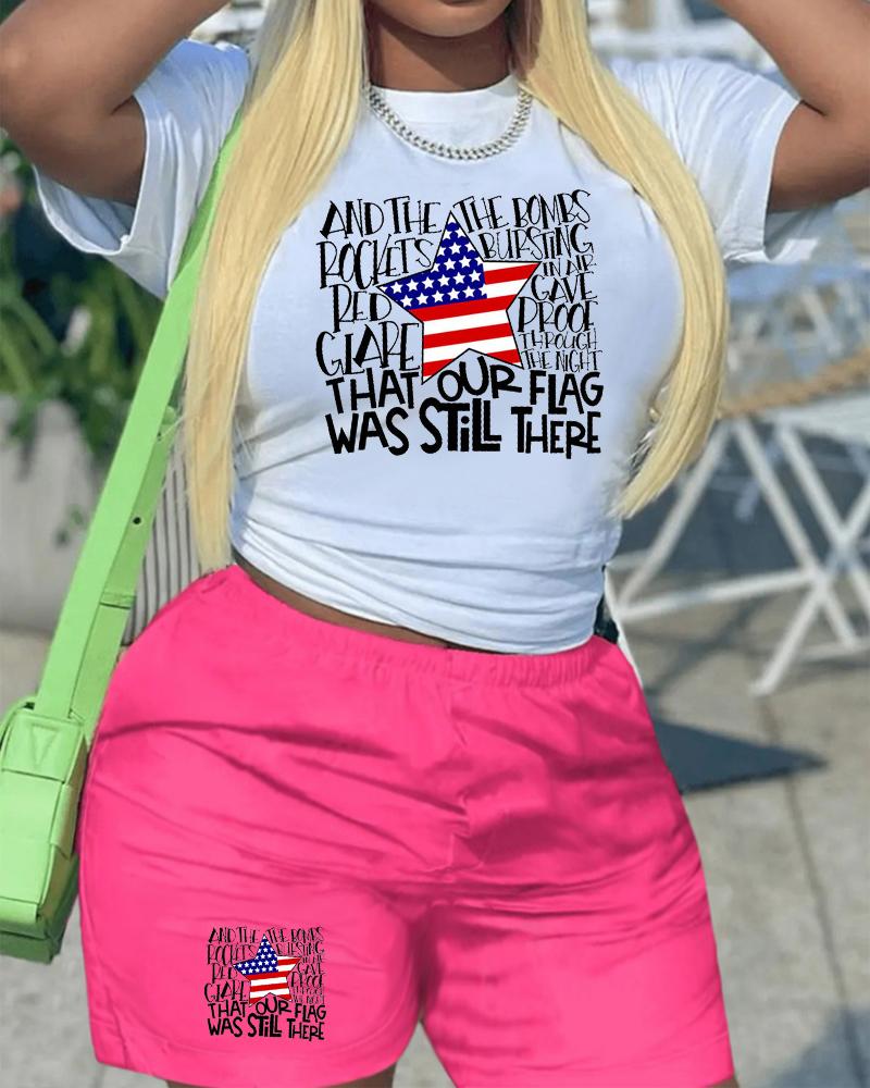 

Independence Day Flag Star Letter Print Top & High Waist Shorts Set, Hot pink
