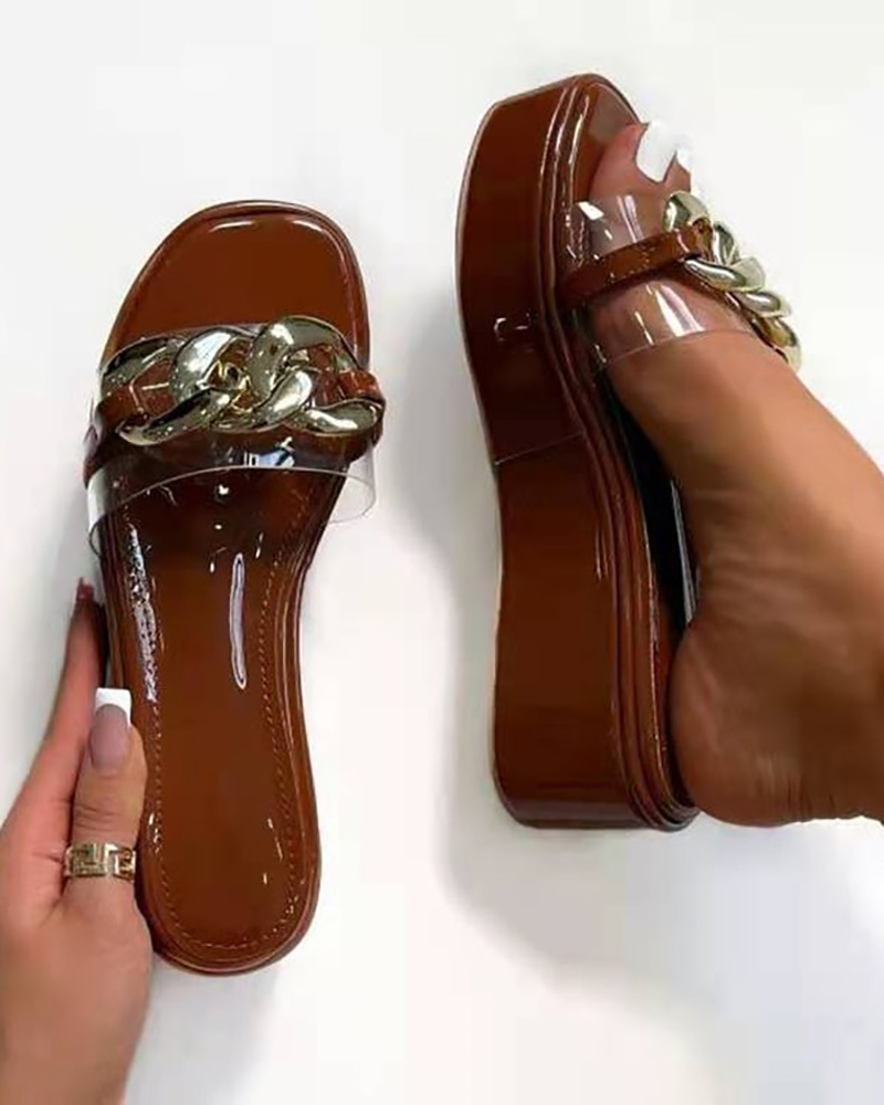 

Chain Decor Open Toe Platform Slippers, Coffee