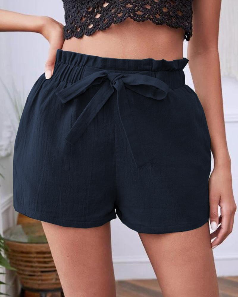 

Pocket Detail Tie Front Casual Shorts, Purplish blue