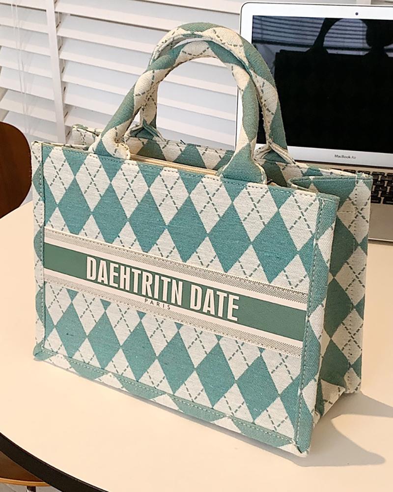 

Plaid Letter Print Canvas Tote Bag, Green