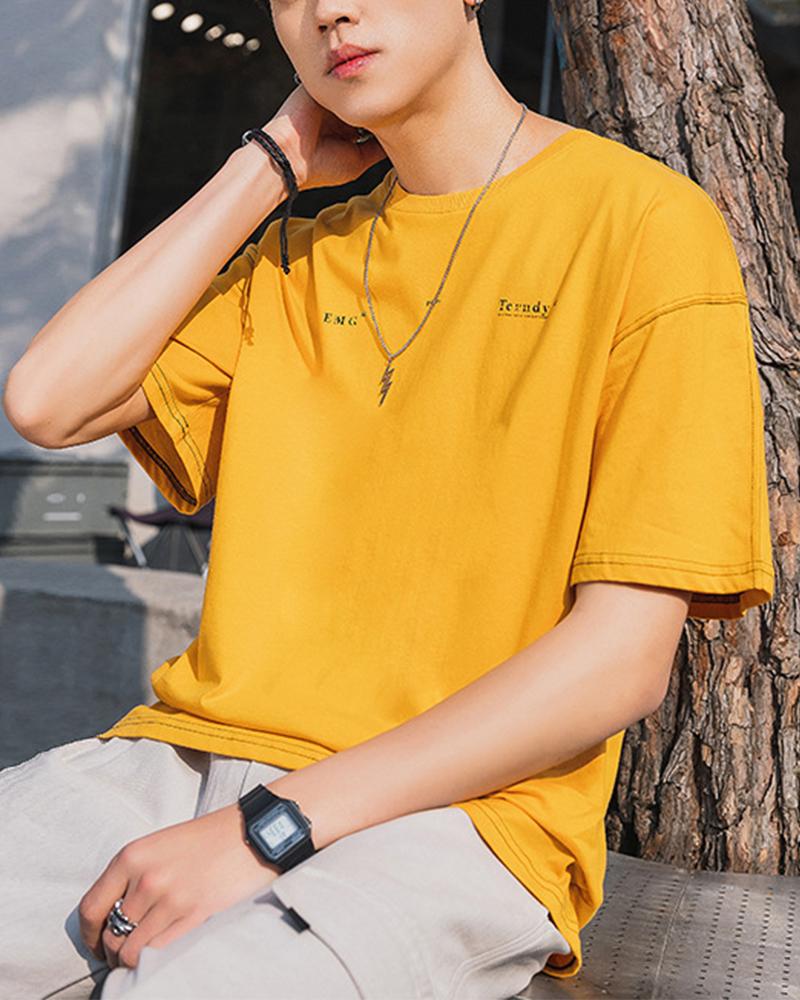 

Solid Color Splicing Letter Print Short Sleeve T-shirt, Yellow