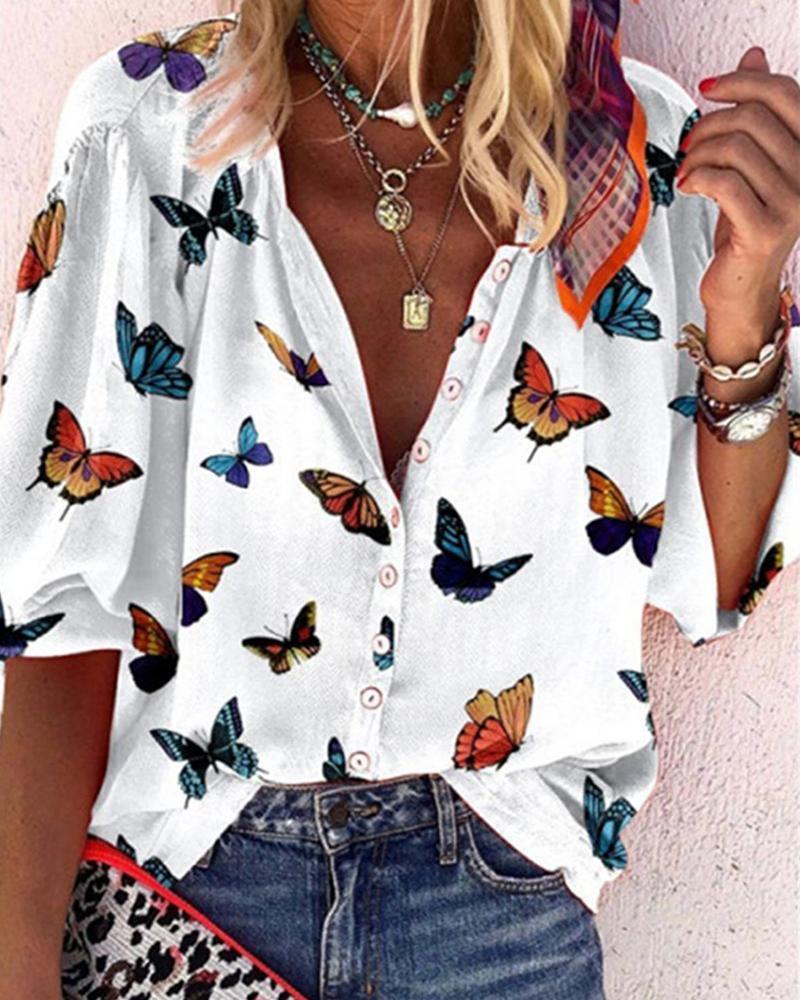 

Daisy / Butterfly / Floral Print Button Design Top, White