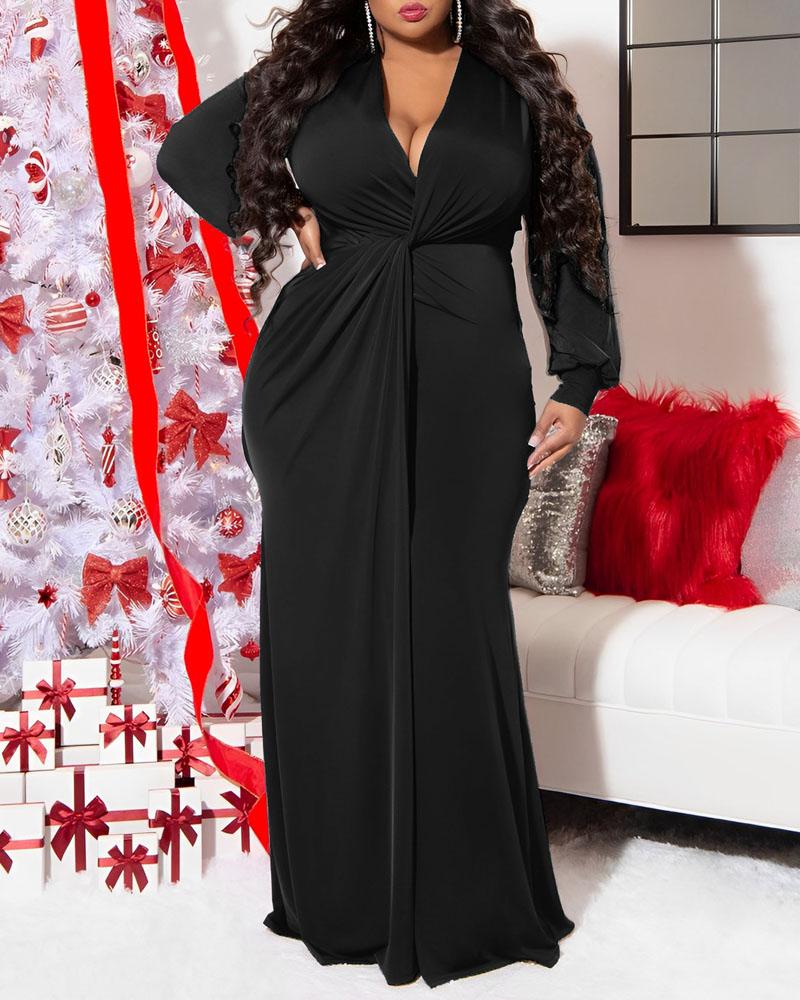 

Plus Size Long Sleeve Twist Design High Slit Party Dress, Black