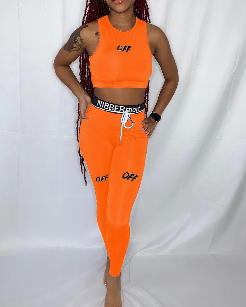 

Letter Embroidery Sleeveless Skinny Tanks With Pants Active Sets, Orange