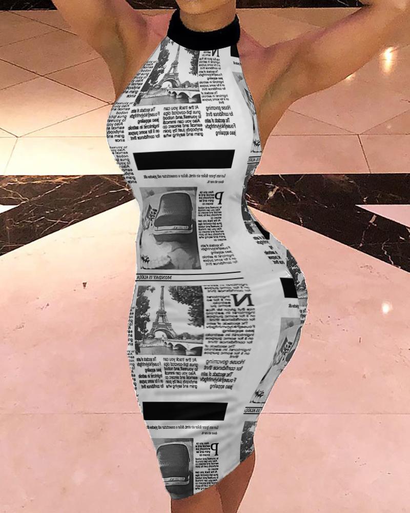 

Newspaper Print Halter Sleeveless Skinny Midi Dress, Black&white