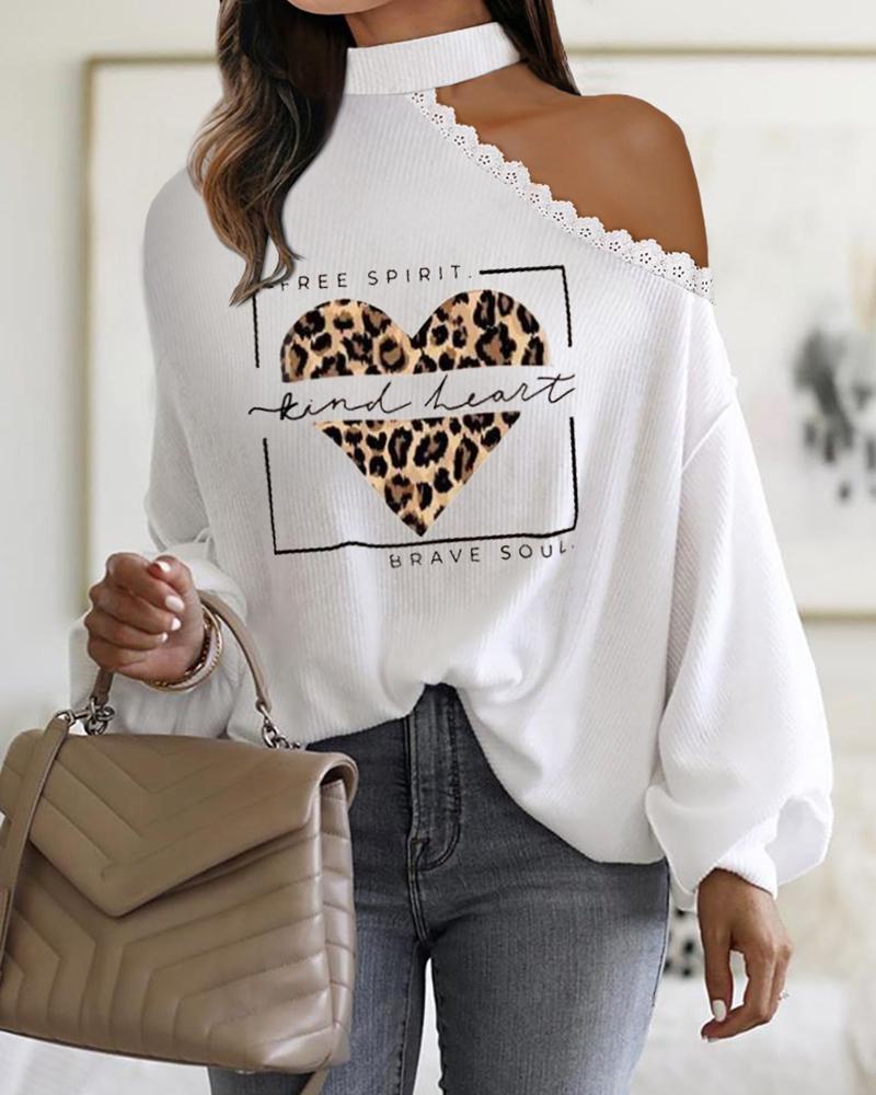 

Leopard Heart Letter Print Cold Shoulder Lantern Sleeve Contrast Lace Top, White