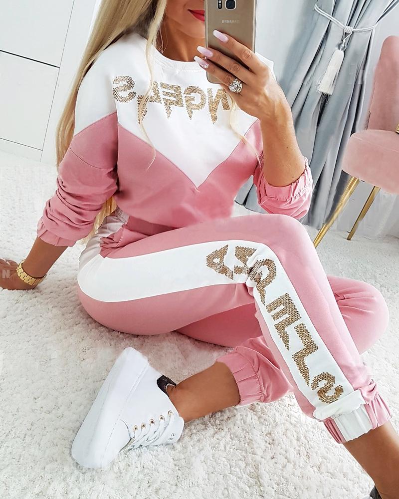 

Letter Print Colorblock Long Sleeve Top & Pants Set, Pink