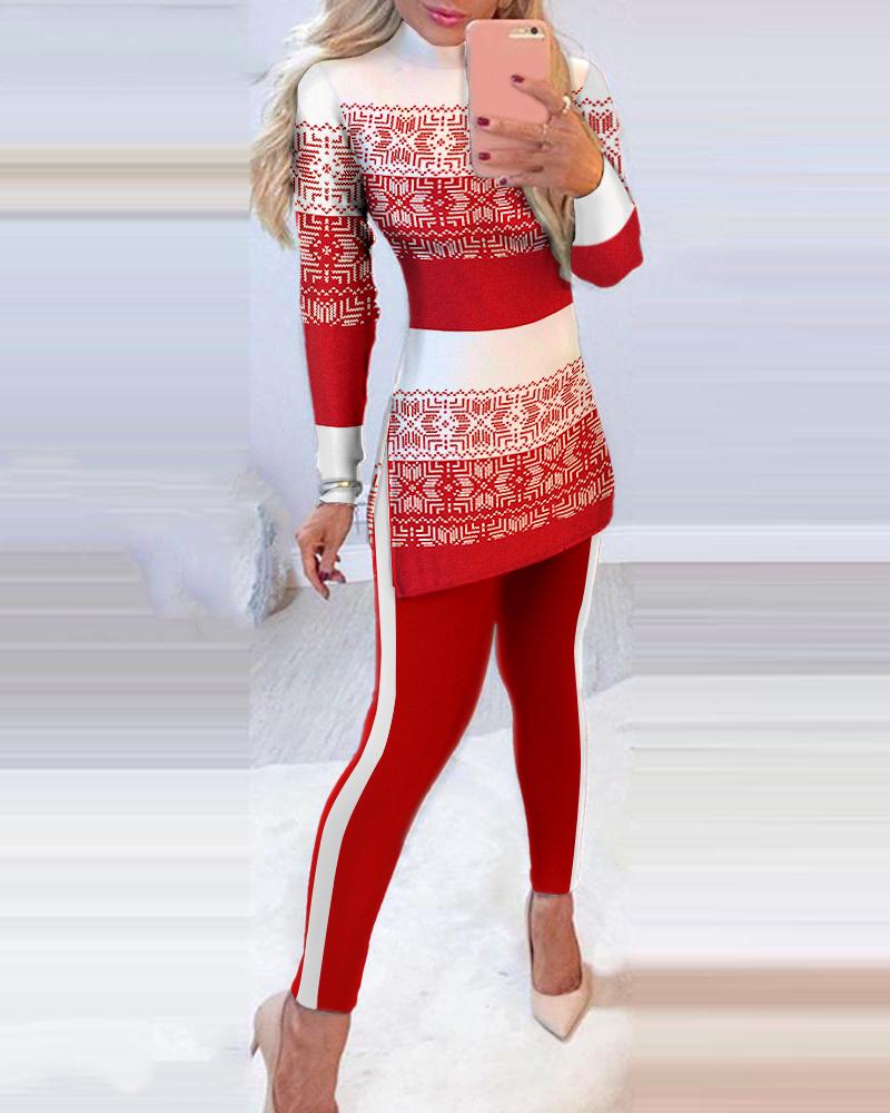 

Christmas Side Slit Long Sleeve Top & Pants Set, Red