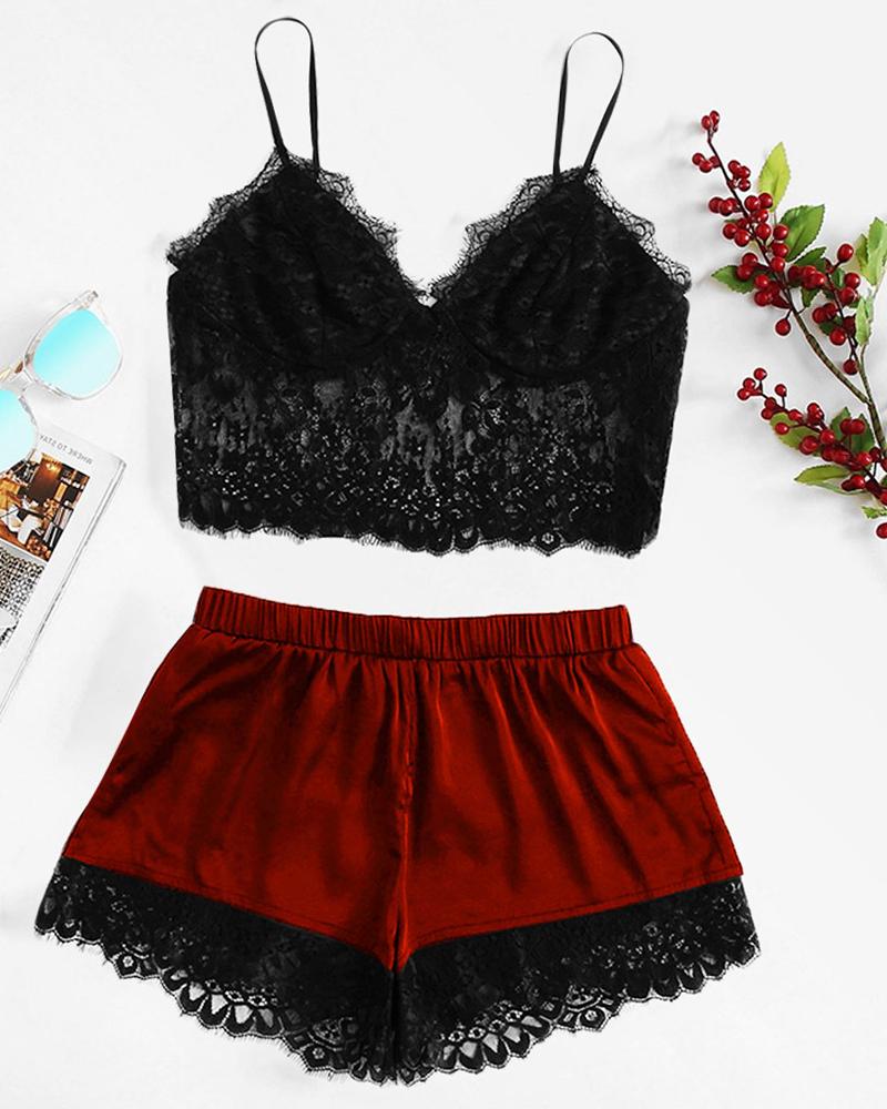 

Mesh Lace Hem Bra Sets, Wine red