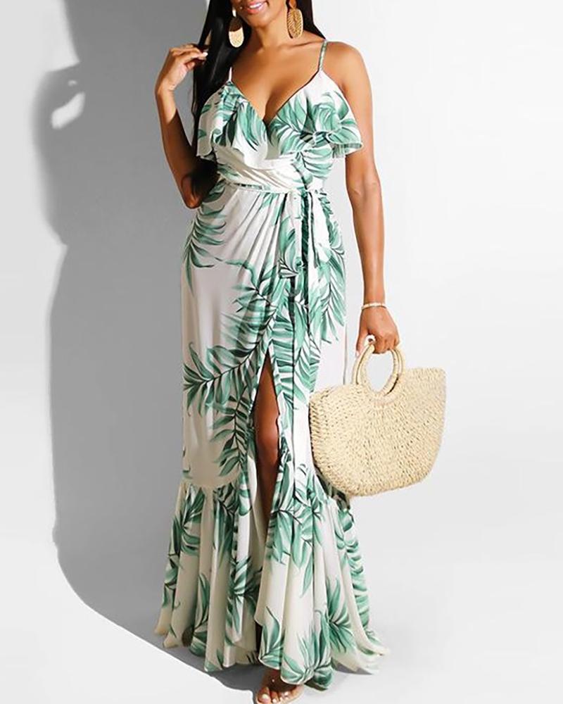 

Leaf Print Ruffle Hem Sleeveless Slit Maxi Dress, White