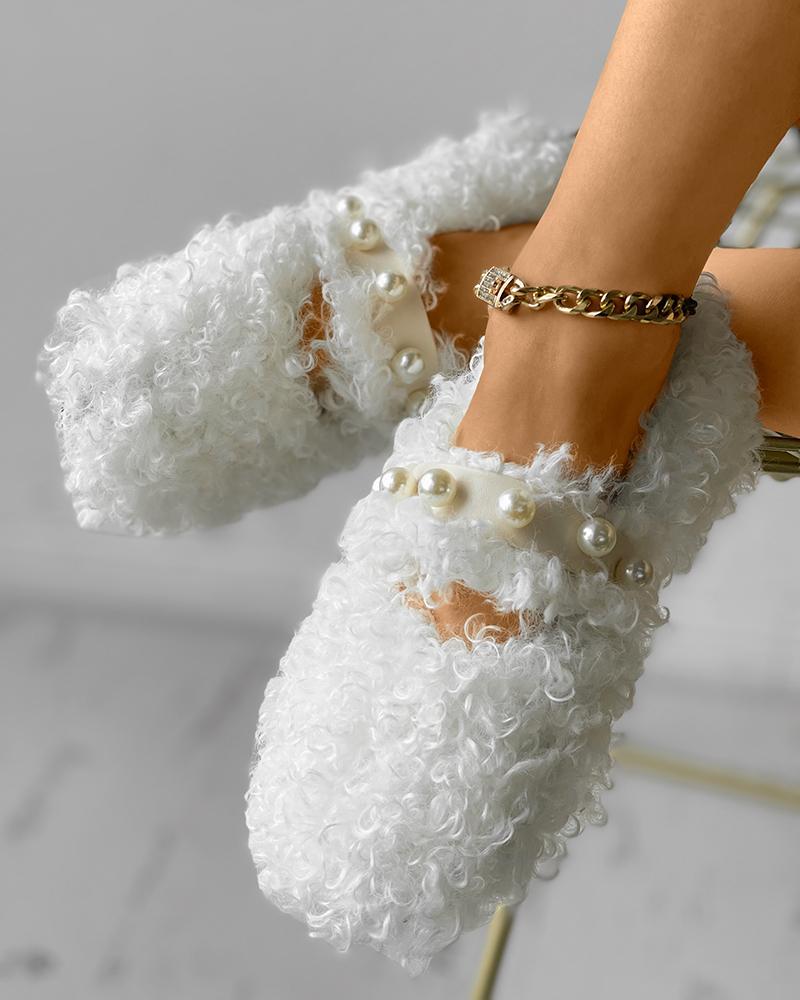 

Beaded Decor Fluffy Slip On Shoes, White