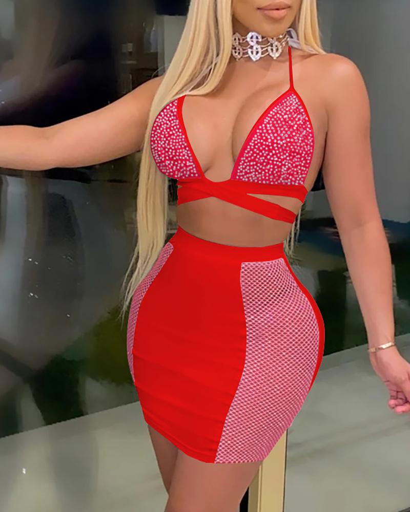 

Tied Detail Crop Top & Fishnet Design Skirt Set, Red