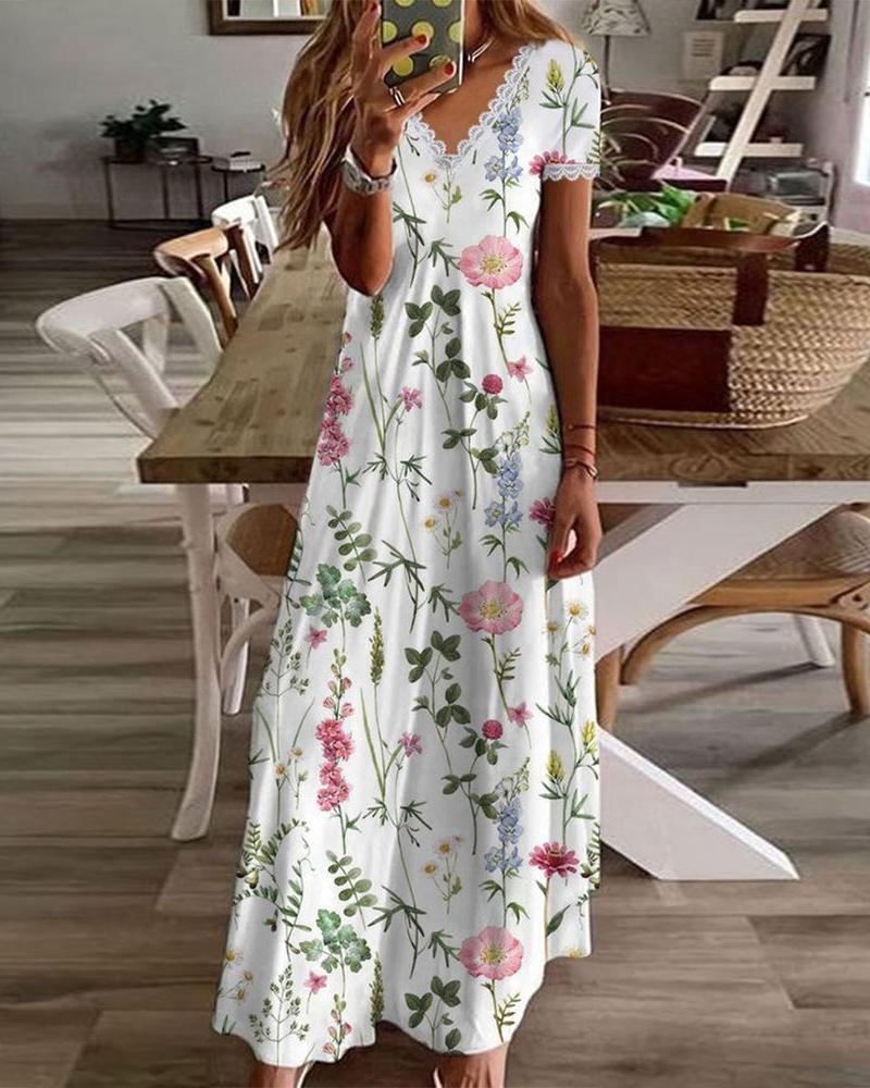 

Plants Print Lace Trim Maxi Dress, White