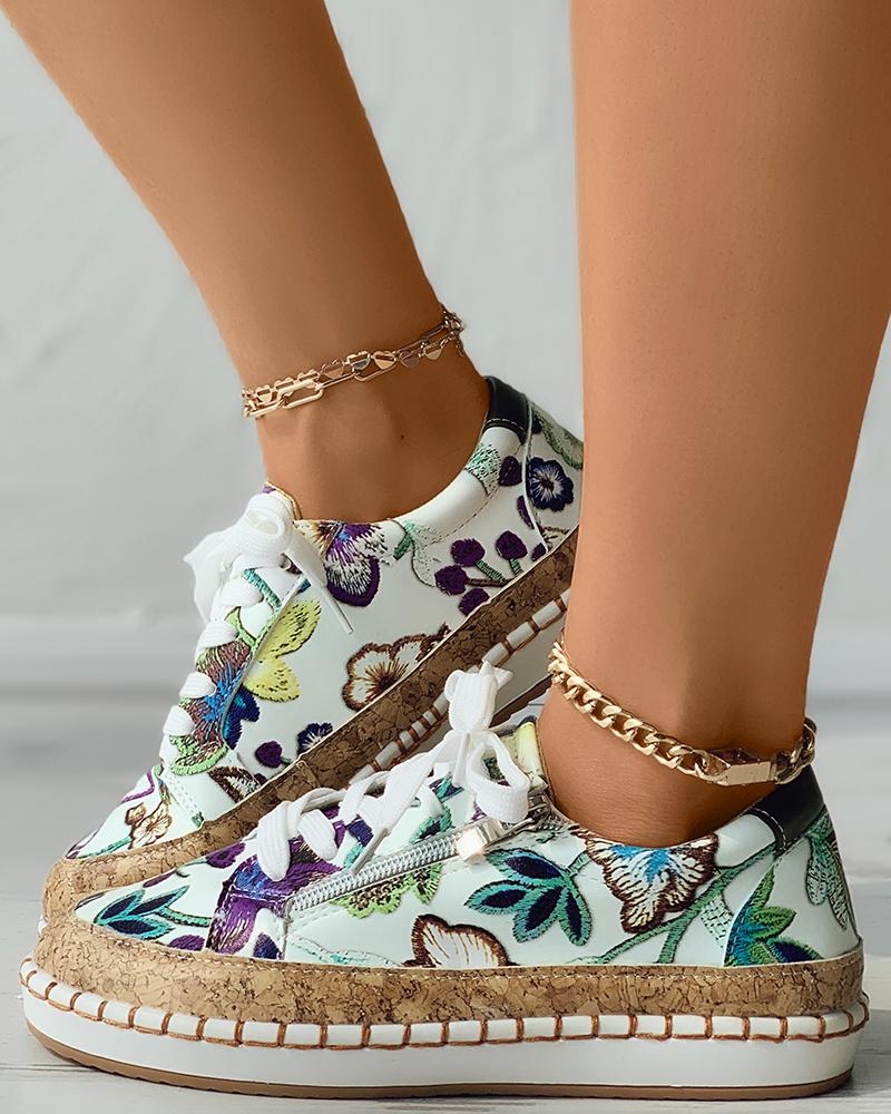 

Floral Pattern Zipper Lace-Up Front Sneakers, White&purple