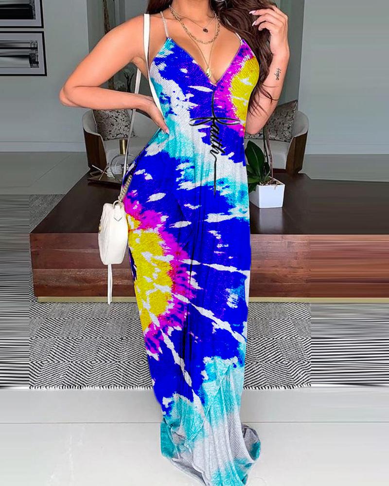 

Tie Dye Print Sling Backless Maxi Dress, Multicolor