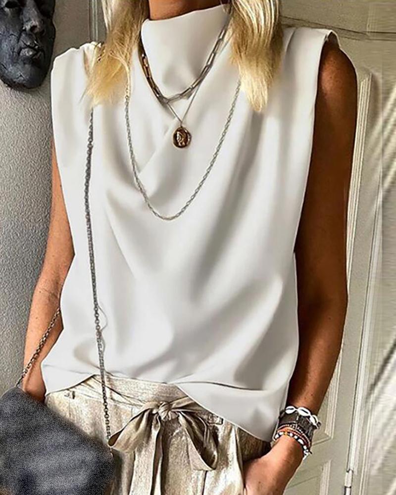 

Solid Stand Neck Sleeveless Top, White