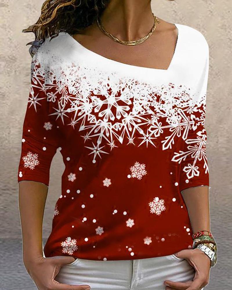 

Christmas Snowflake Print Asymmetrical Neck Top, Red