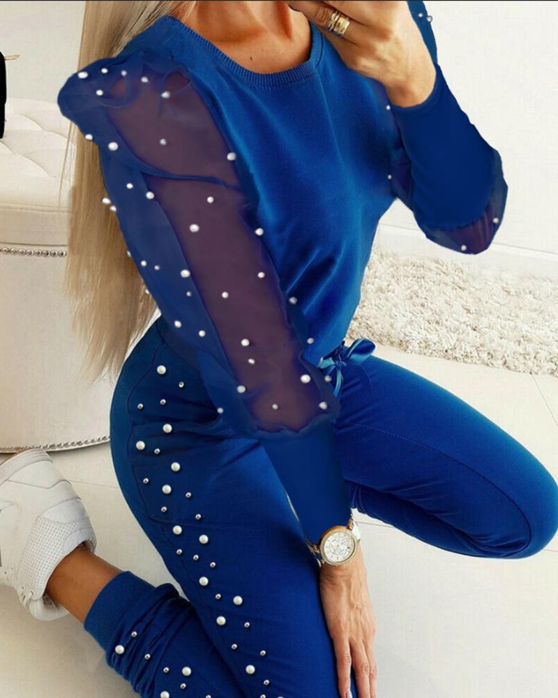 

Beaded Sheer Mesh Bowknot Decor Top & Pants Set, Blue