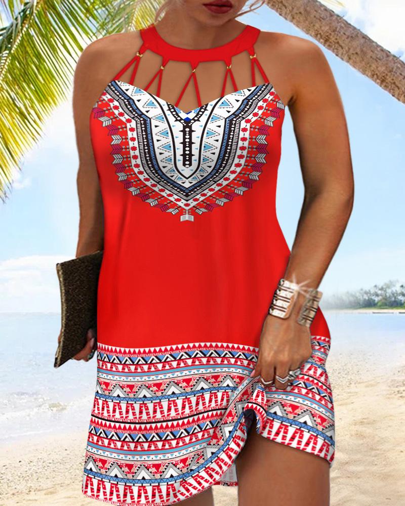 

Plus Size Geometric Tribal Print Hollow Out Casual Dress, Multicolor