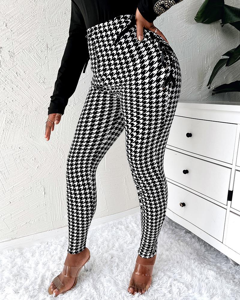 

Houndstooth Print High Waist Eyelet Lace-up Skinny Pants, Black&white