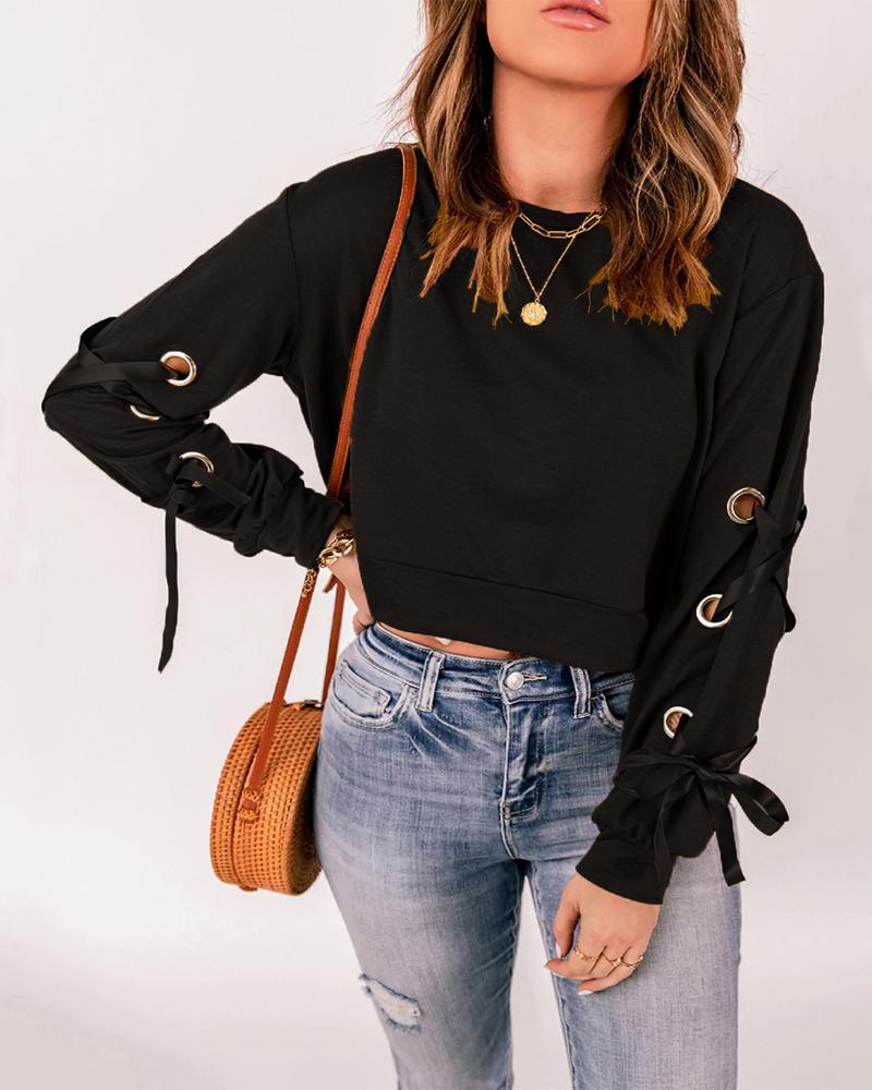 

Grommet Eyelet Lace-up Long Sleeve Crop Top, Black