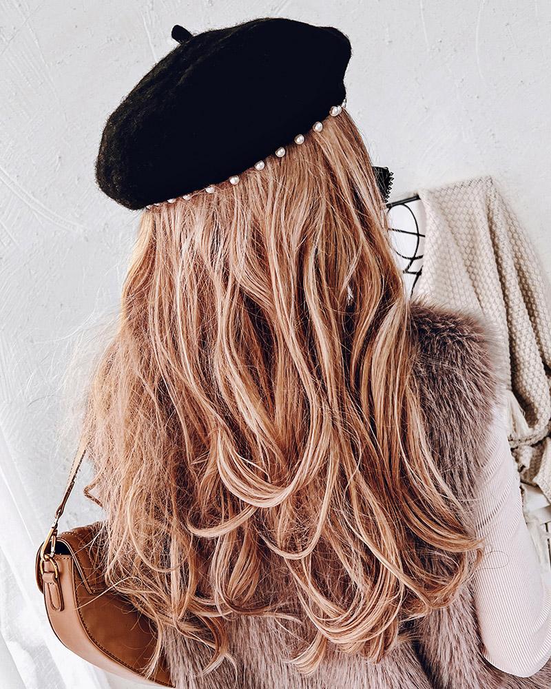 

Beaded Trim Casual Beret, Black