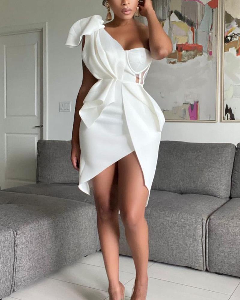 

One Shoulder Ruffle Hem Contrast Mesh Slit Midi Dress, White