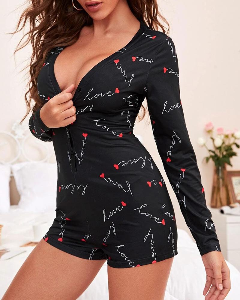 

All Over Print Plunge Long Sleeve Lounge Romper, Style2