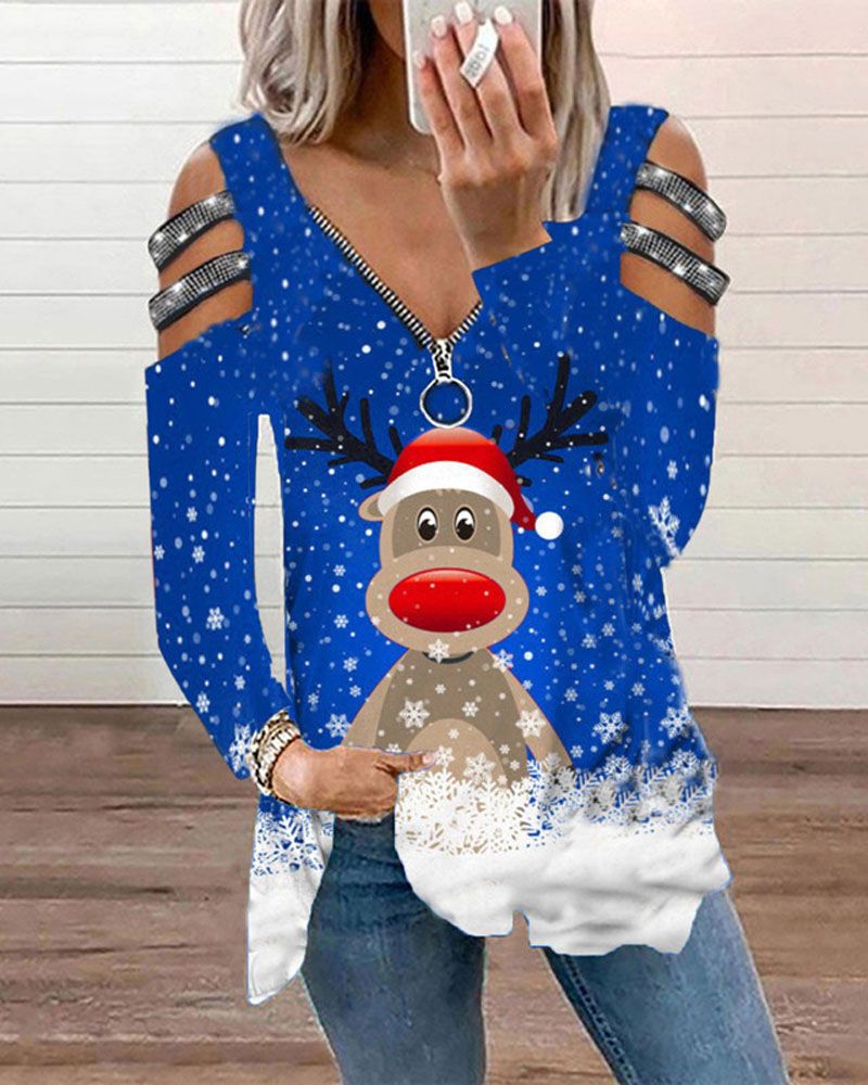

Christmas Print Rhinestone Cold Shoulder Zip Front Top, Blue
