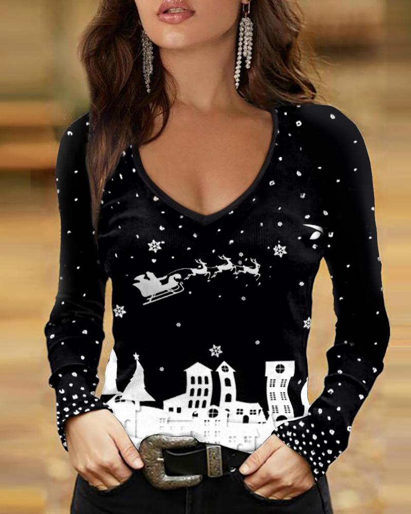 

Christmas Snowflake Castle Elk Print Long Sleeve Top, Black