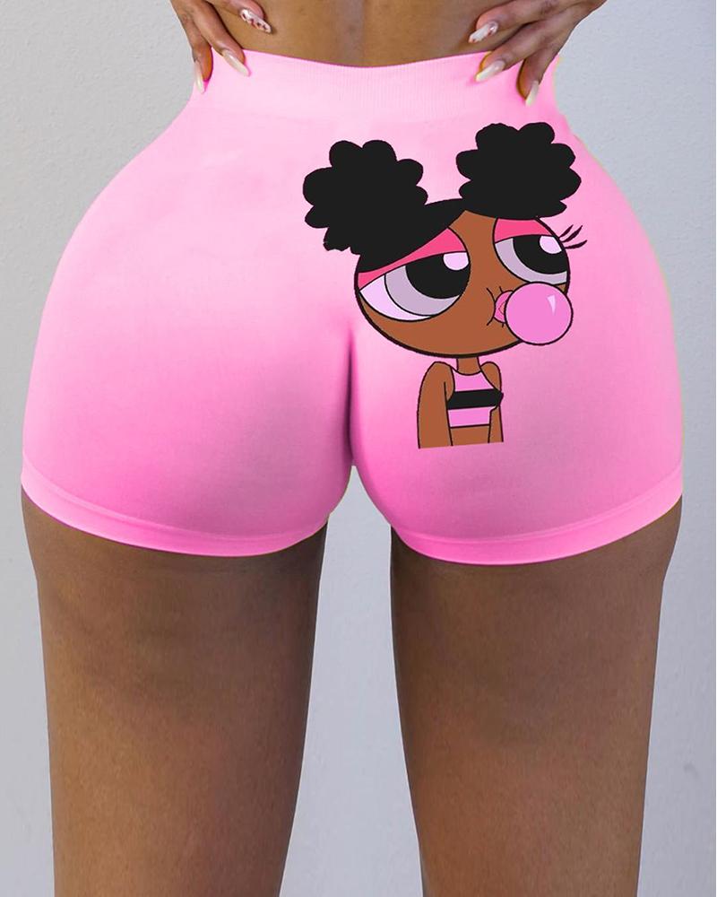 

Letter / Graphic / Cartoon Print High Waist Tummy Control Sporty Shorts, Pink