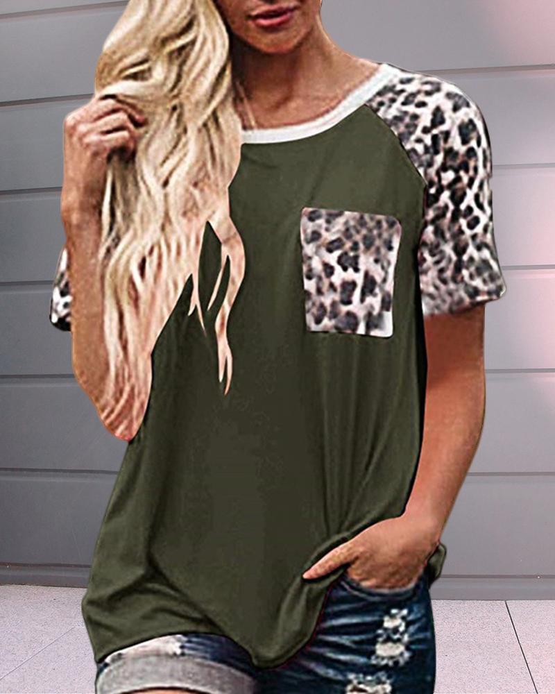 

Leopard Print Short Sleeve Pocket T-shirt, Green